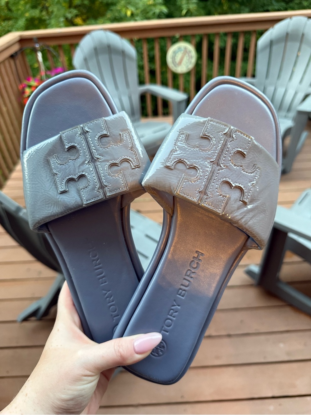 Tory Burch Blue Patent Logo Slide Sandals